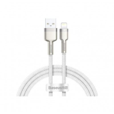 Cablu USB la Lightning Baseus CALJK-A02, Cafule Metal, Snur acoperit cu nailon, Quick Charge, 1 m, Alb