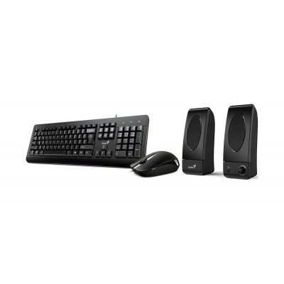 Kit Genius KMS U130, 3 in 1, Negru, USB, Tastatura cu 104 taste,  Anti-Spill + Mouse Optic cu 1200 DPI + Boxe 3W